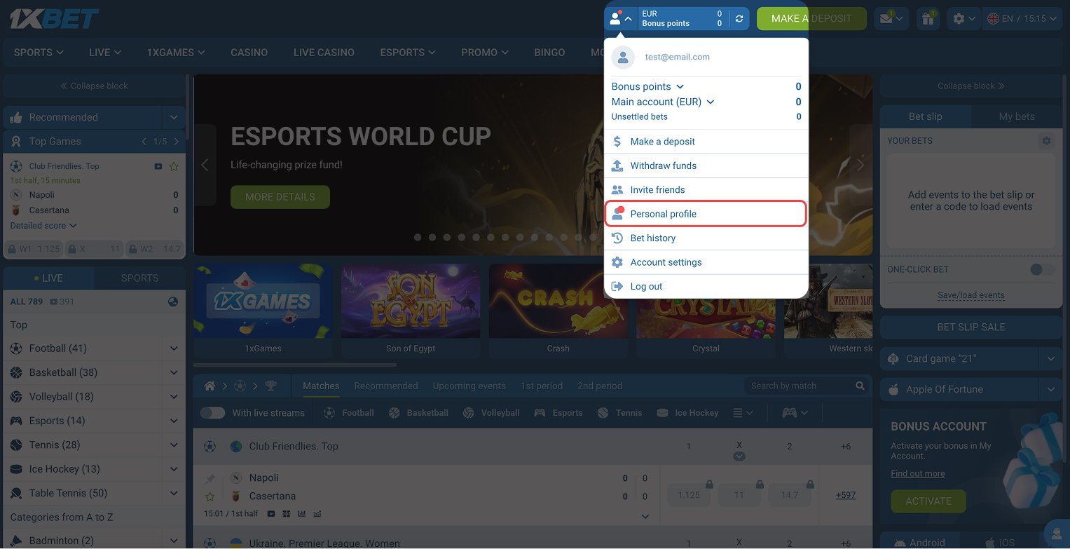 Log in to the 1xBet website and open your profile